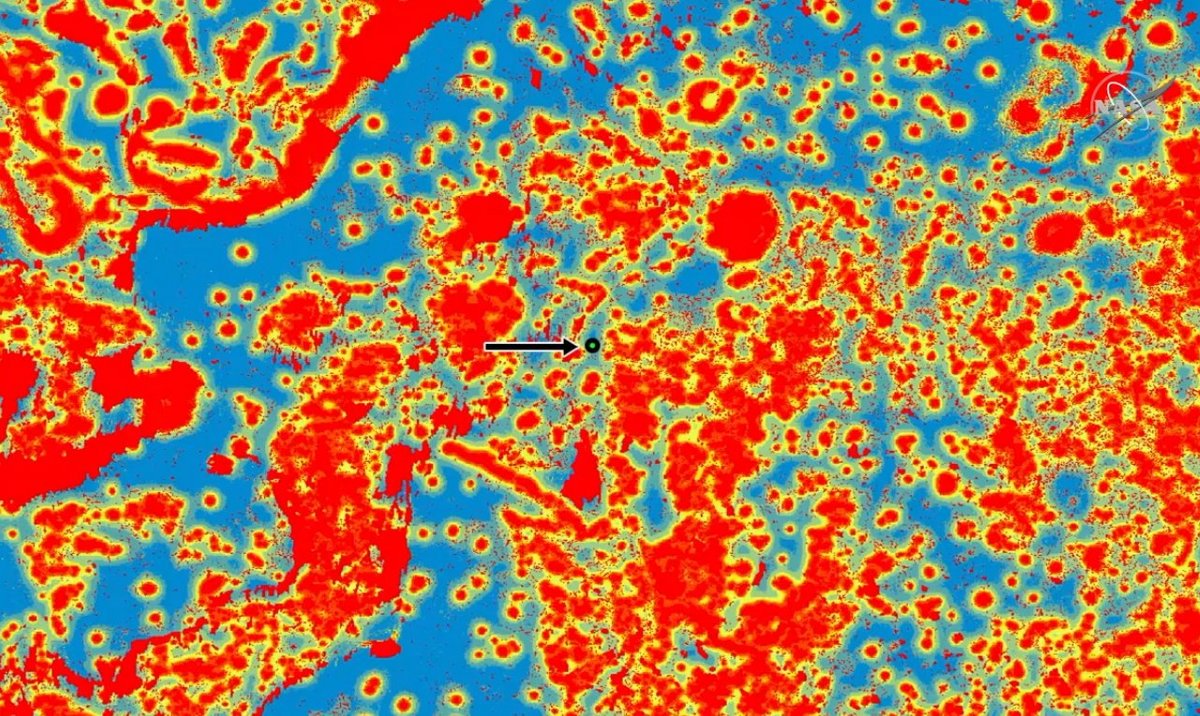 Pour se poser, le rover devait éviter les zones dangereuses (montrées en rouge)... Mission réussie ! Crédits NASA