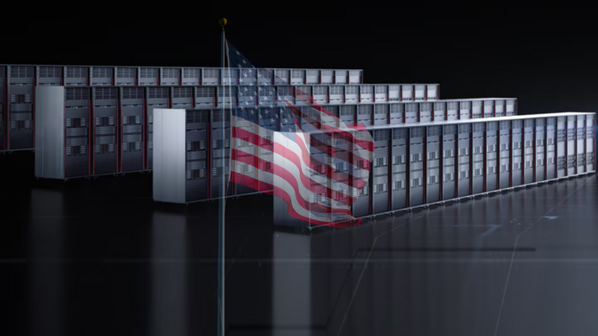 Huawei Atlas SuperPoD 950/drapeau américain.  © Naïm BADA/Huawei