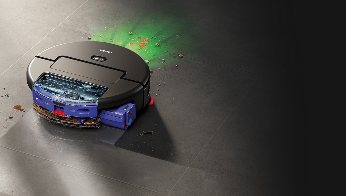 Format disque, rouleau serpillère et lumière verte pour détecter les déchets ©Dyson