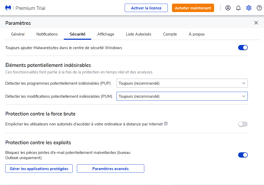 Malwarebytes - paramètres
