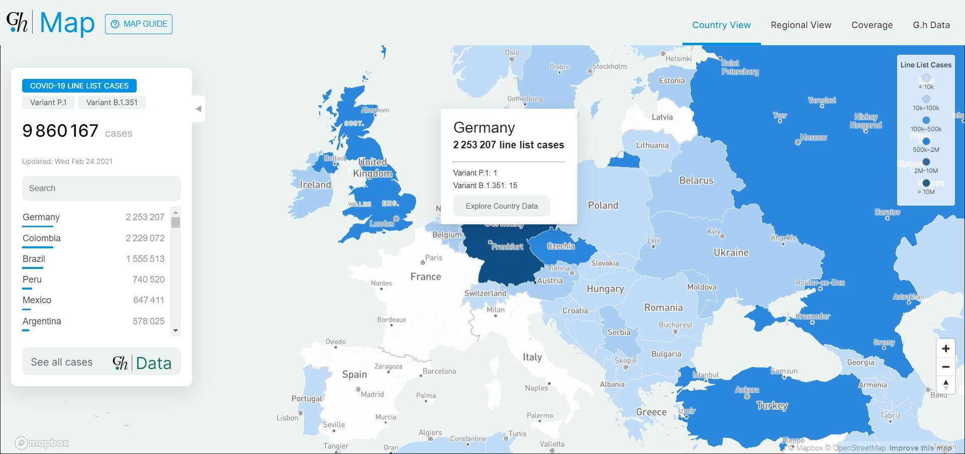  Capture d'écran © Clubic de la carte de Global.health, qui ici indique la forte remontée du variant sud-africain en Allemagne