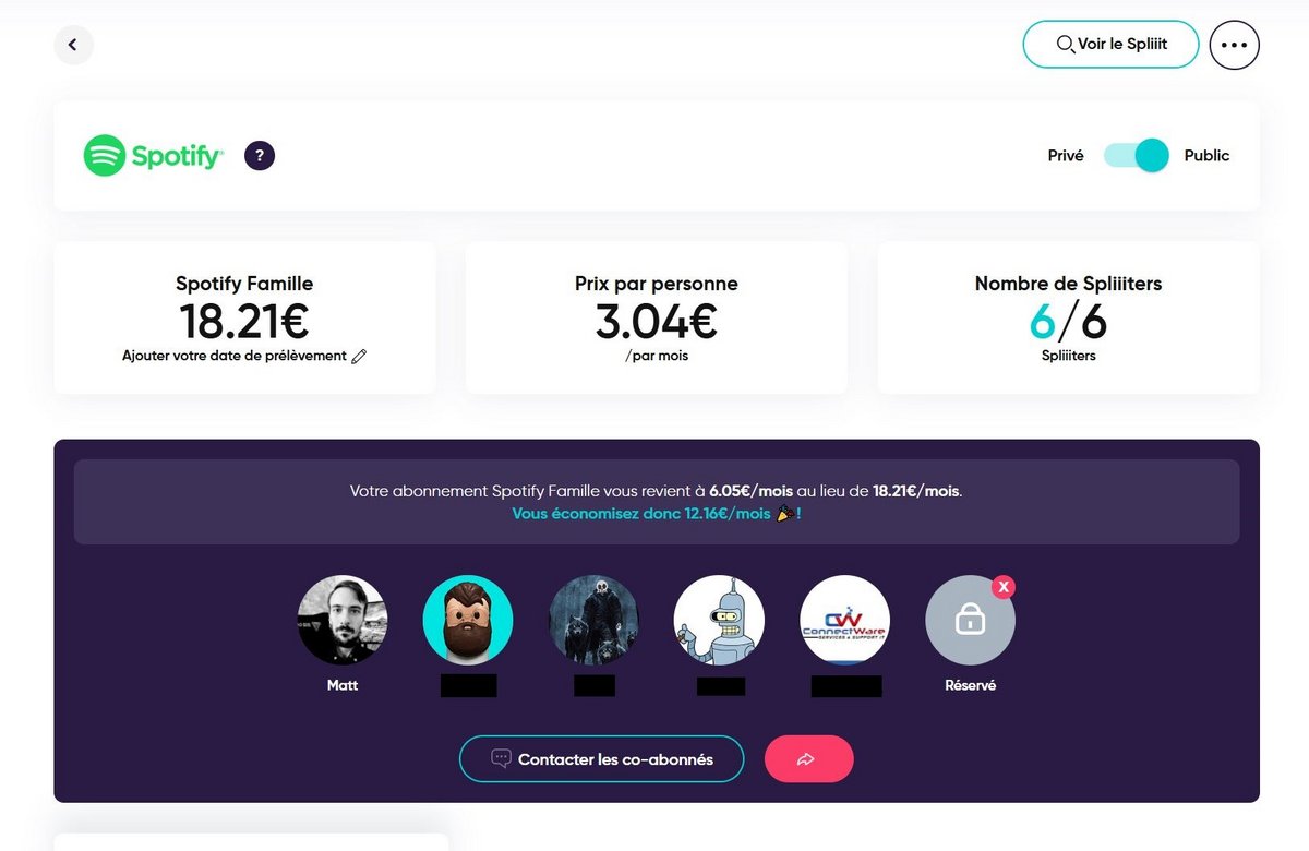Spotify me revient à 6,05€/mois pour deux places. En somme 3€ par personne © Matthieu Legouge