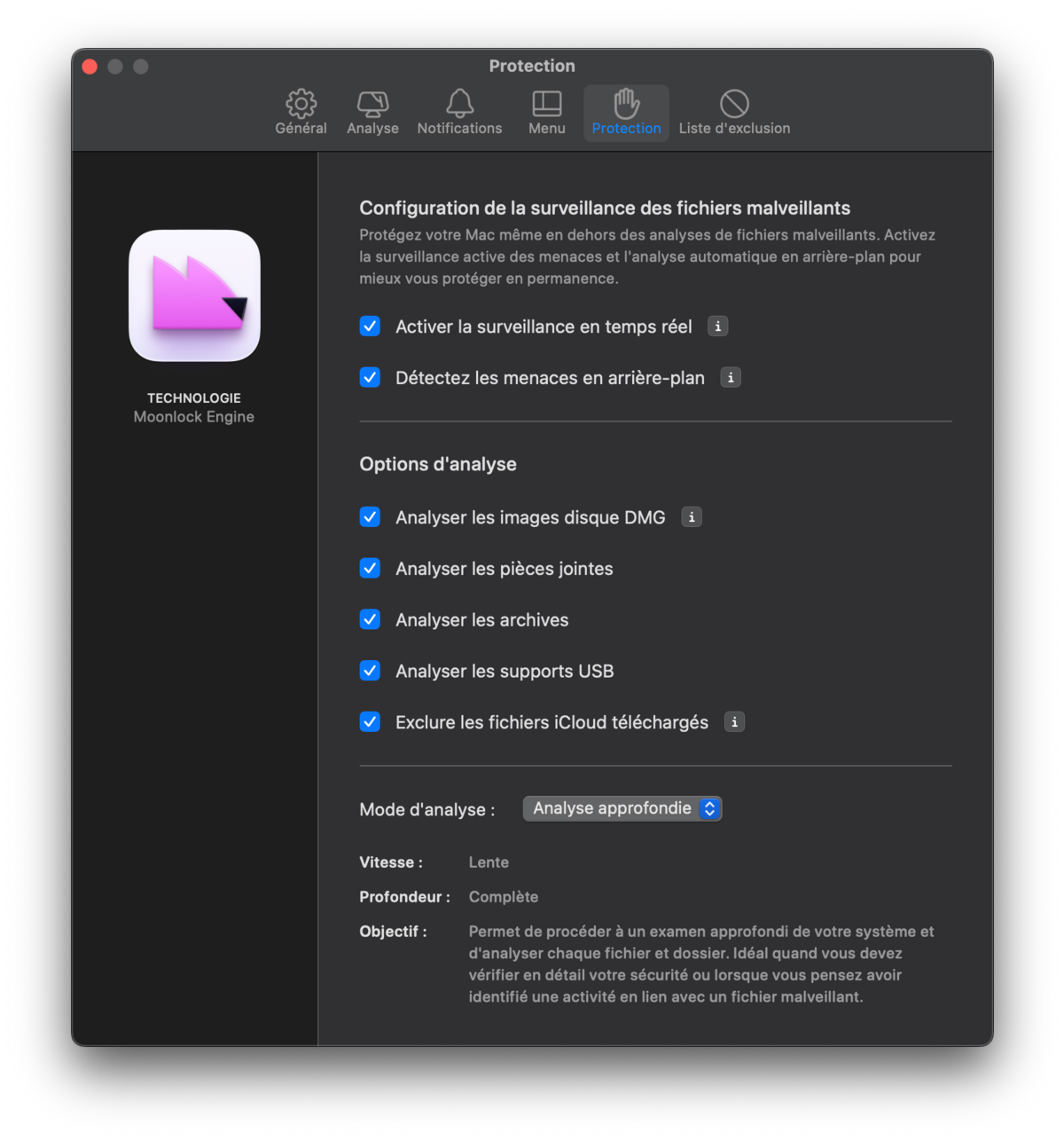 CleanMyMac - paramètres de l'outil protection