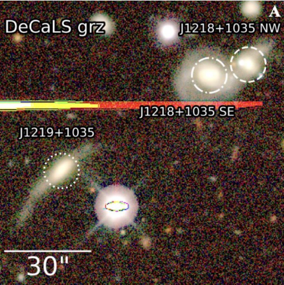 Trois ogres cosmiques dans un seul cliché : bienvenue au cœur d'une collision triple ultra-rare. Les cercles mettent en évidence les trois noyaux galactiques actifs. © Schwartzman et al., ApJL, 2025