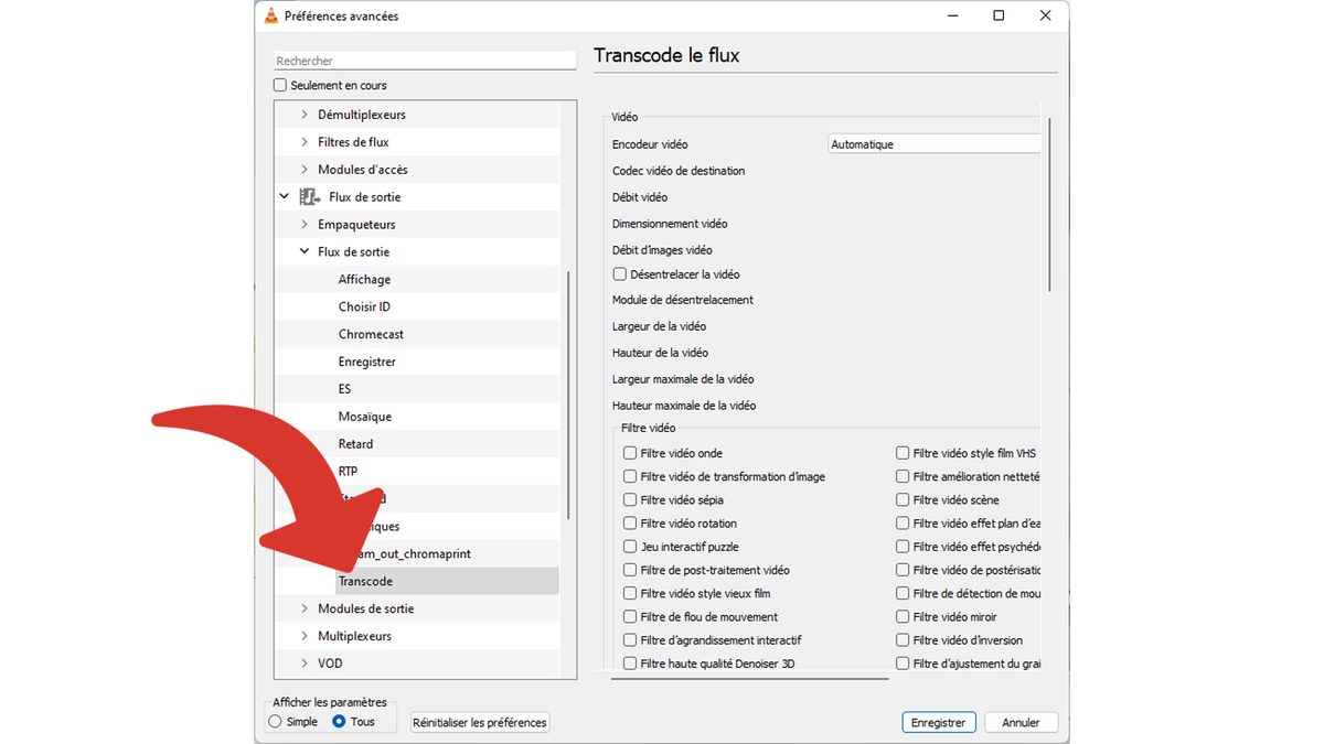 Aller dans le menu de transcodage lié au flux de sortie © Clubic