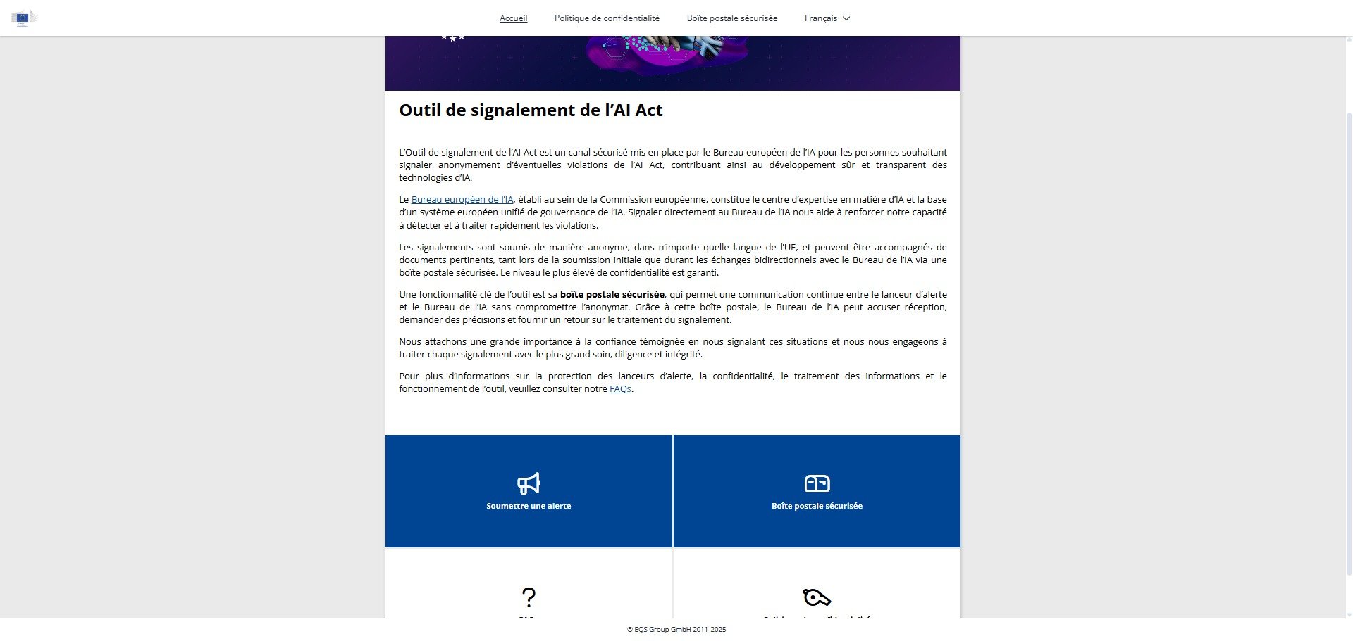 Voici un aperçu de l'outil de signalement de l'AI Act © Capture d'écran Alexandre Boero / Clubic