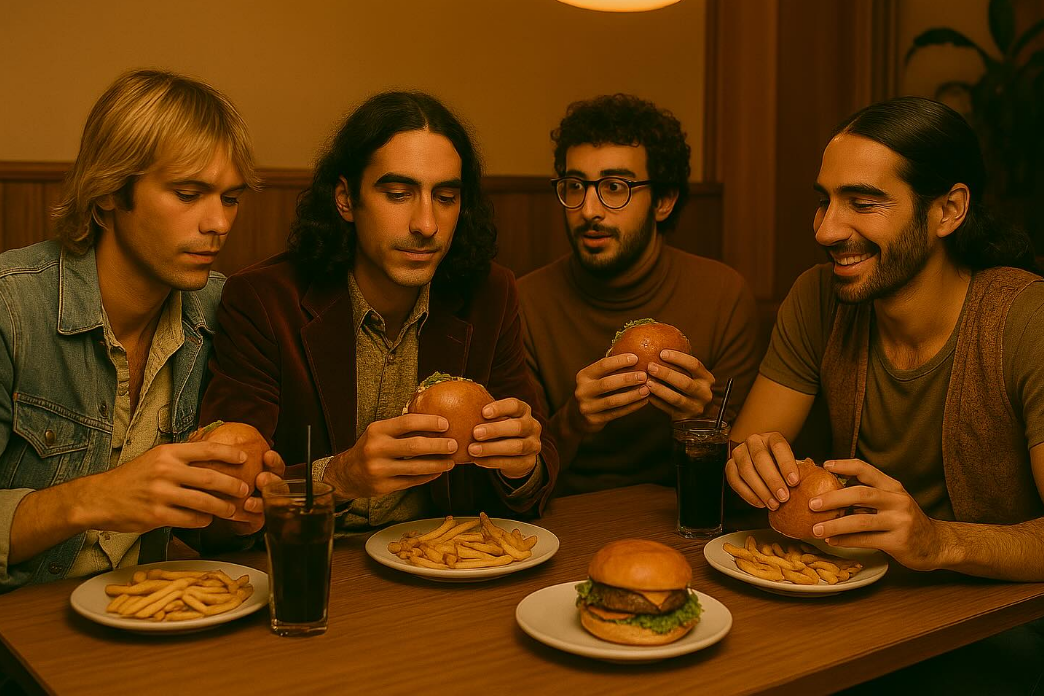 Le "groupe" réuni autour d'une tablée fêtant la sortie de leur second album ; évidemment c'est une photo entièrement générée par IA. © Capture d'écran / Instagram