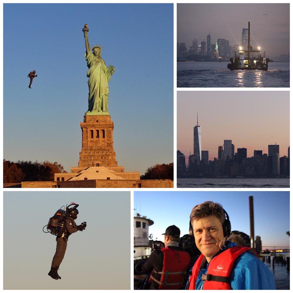 En 2015, le fondateur de JetPack Aviation réalise le premier vol en jetpack agréé par la FAA autour de la Statue de la Liberté. © JPA