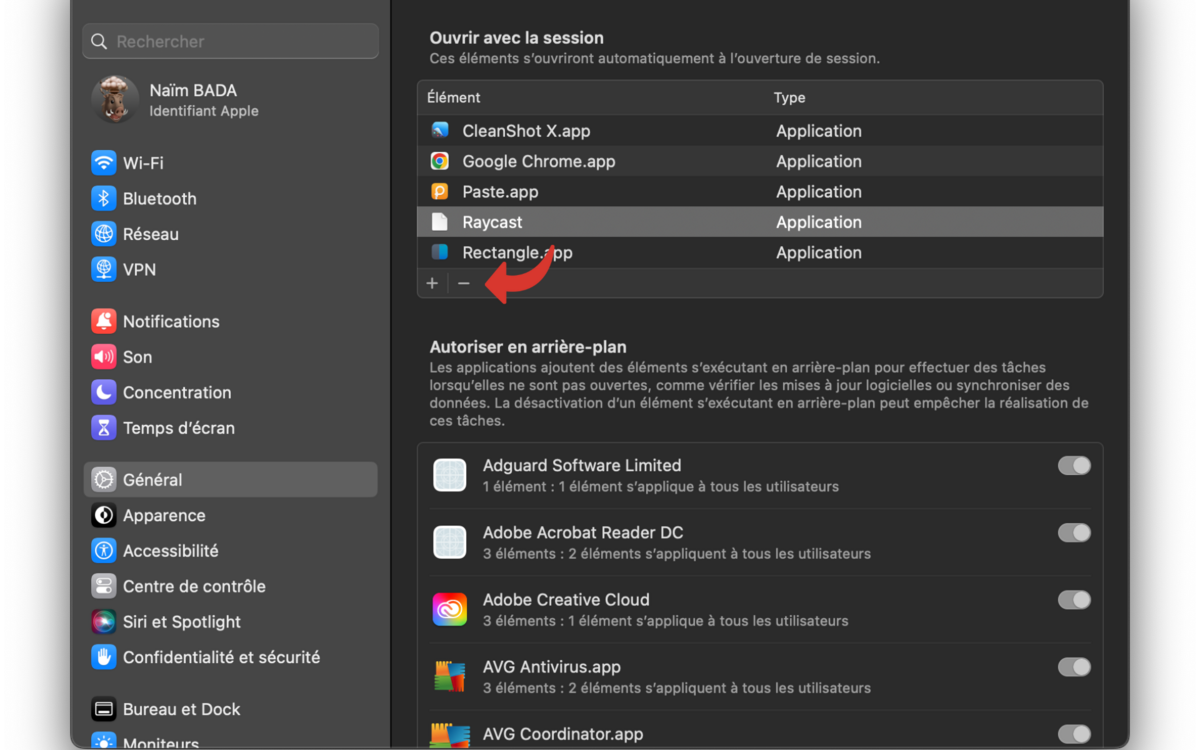 Cliquez sur le bouton - pour supprimer le logiciel de la liste d'ouverture avec la session. © Clubic