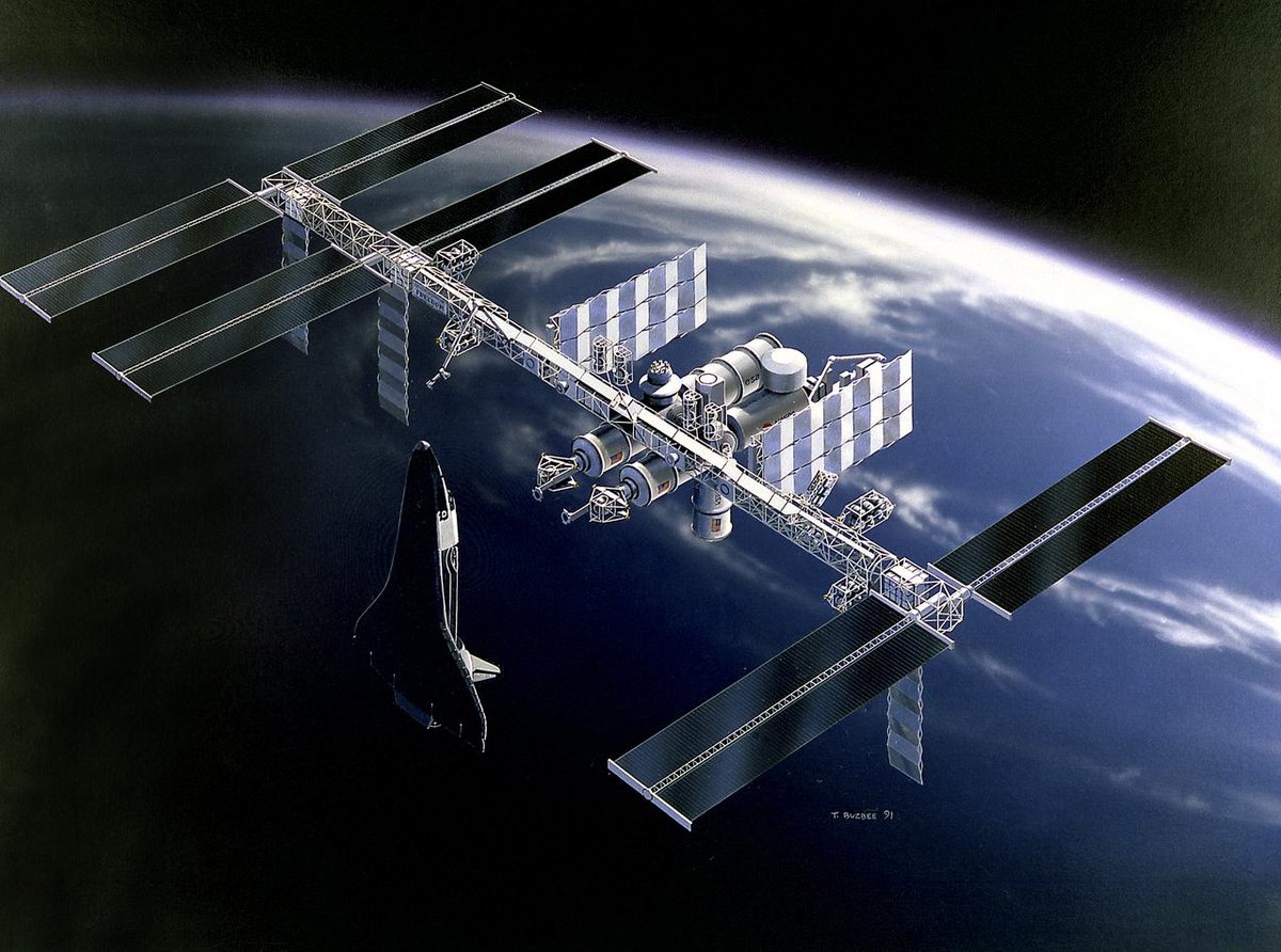 Concept avancé de la station spatiale Freedom, dans sa 2e configuration, proche de ce qu'est l'ISS aujourd'hui © NASA