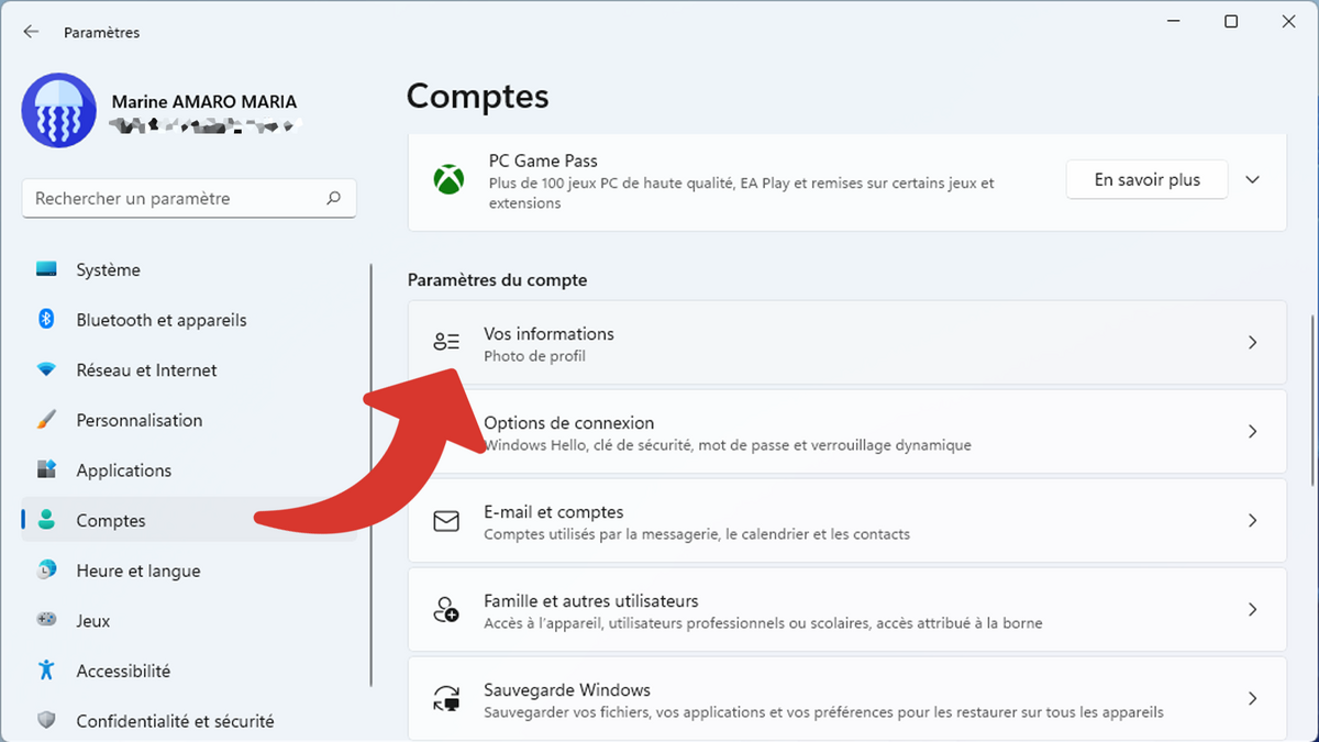 Accédez à vos informations de compte depuis les Paramètres de Windows 11 © Clubic