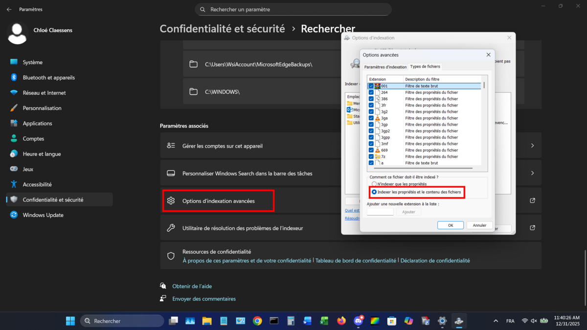 Dans les paramètres de recherche Windows, assurez-vous que l'indexation des fichiers prenne en compte leur contenu, et pas seulement leurs propriétées. © Clubic
