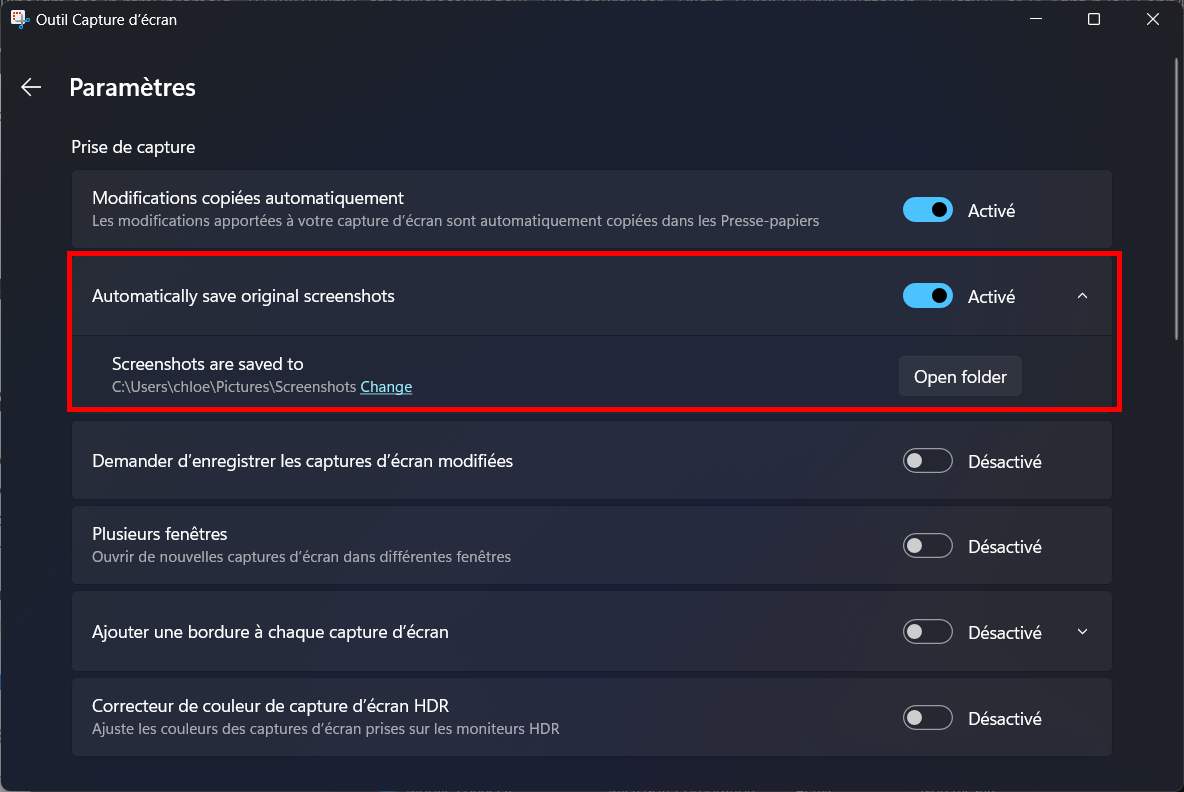 Il est enfin possible de modifier le répertoire de sauvegarde des screenshots sur Windows 11 © Clubic