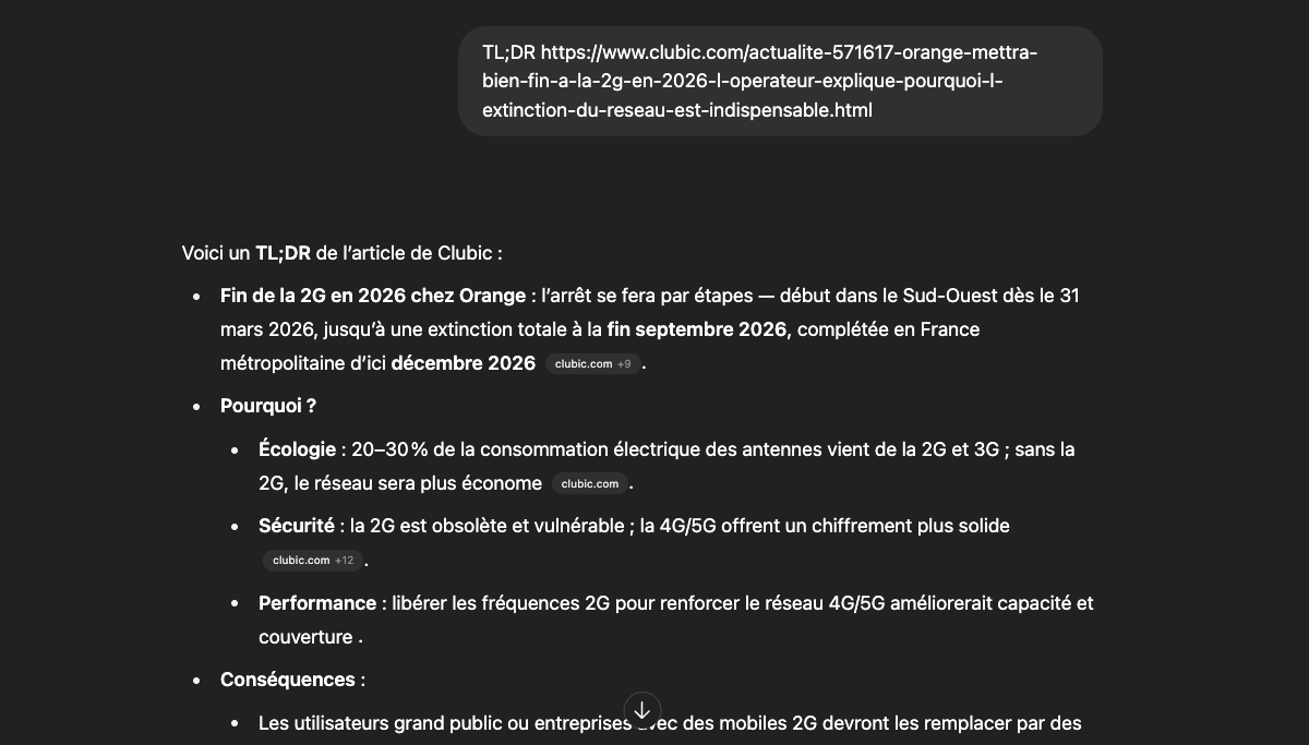 TL;DR, et ChatGPT résume pour vous. Ne dispense pas de contrôler la véracité de ce qu'il raconte, comme toujours. © Clubic