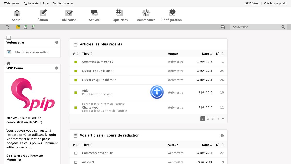 Un tableau de bord pour gérer tous les aspects du site © SPIP