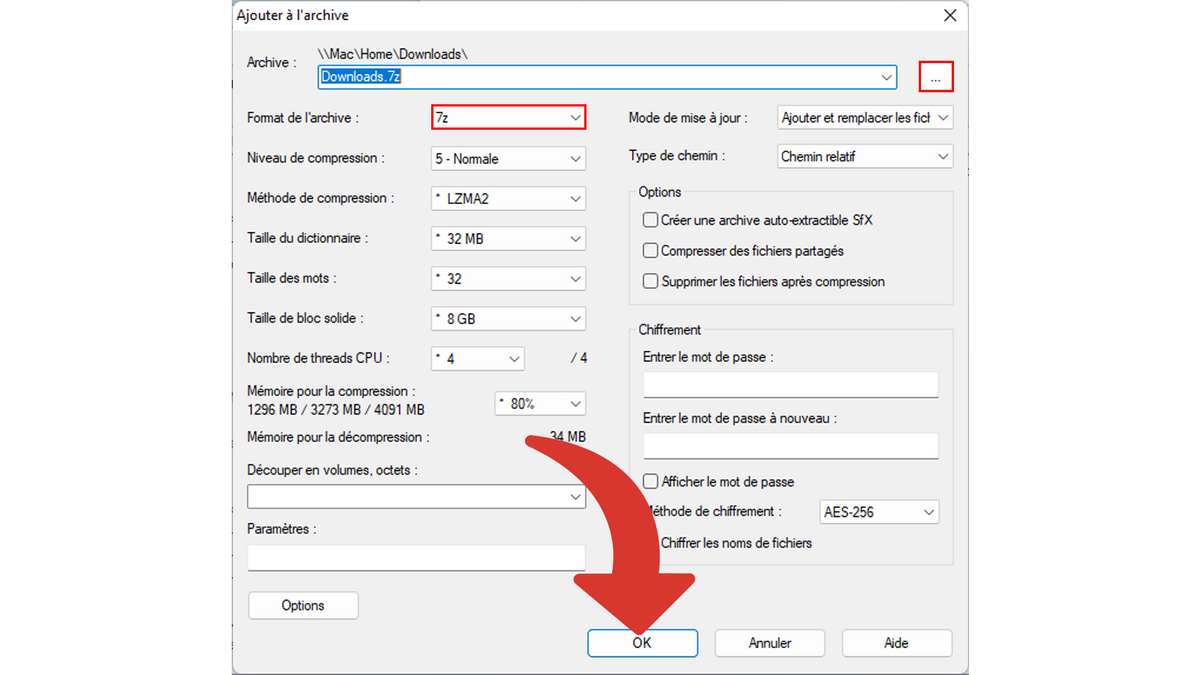 Derniers réglages avant que de compresser les fichiers avec 7-Zip sur Windows © Clubic