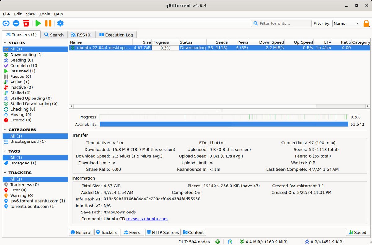 Téléchargement en cours dans l’interface de qBittorrent. - © qBittorrent