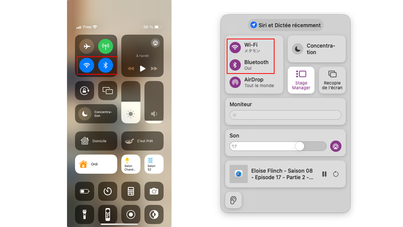 Wi-Fi et Bluetooth activés sur iPhone (à gauche) et sur Mac (à droite) © Clubic