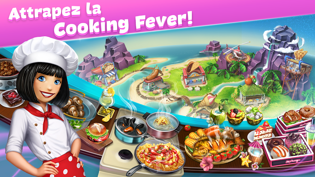 Cooking Fever propose un univers coloré rempli de décors variés et de plats illustrés, présenté dans une scène lumineuse qui met en avant l’ambiance gourmande du jeu.