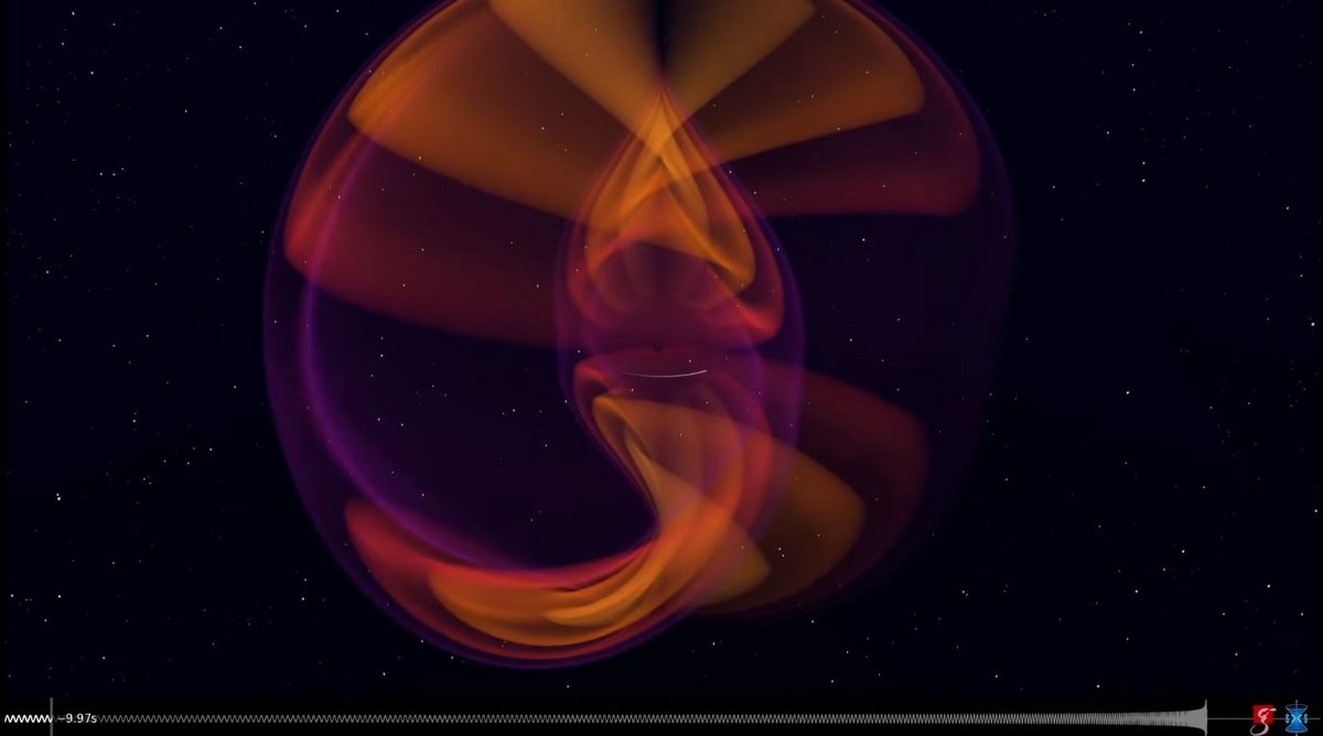 Vue d'artiste de la fusion des deux corps et de leur émission d'ondes gravitationnelles. N. Fischer, S. Ossokine, H. Pfeiffer, A. Buonanno (Max Planck Institute for Gravitational Physics), Simulating eXtreme Spacetimes (SXS) Collaboration