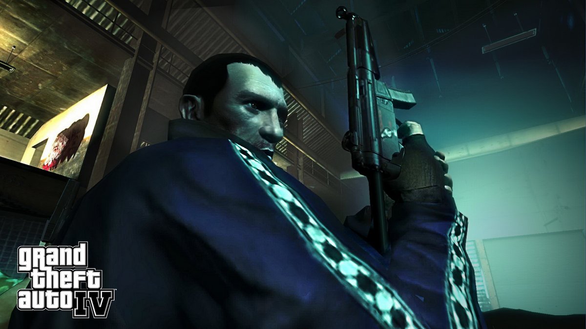 Niko Bellic, armé et concentré, dans un entrepôt sombre de Liberty City. - © Grand Theft Auto 4