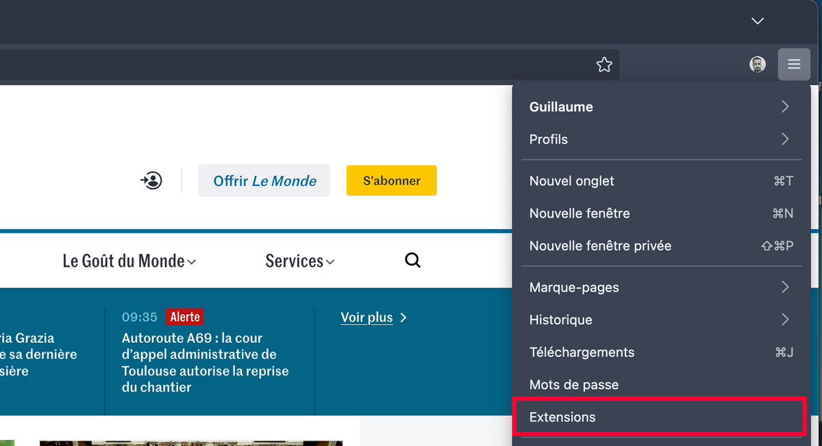 Masquez les extensions au sein du menu de droite
