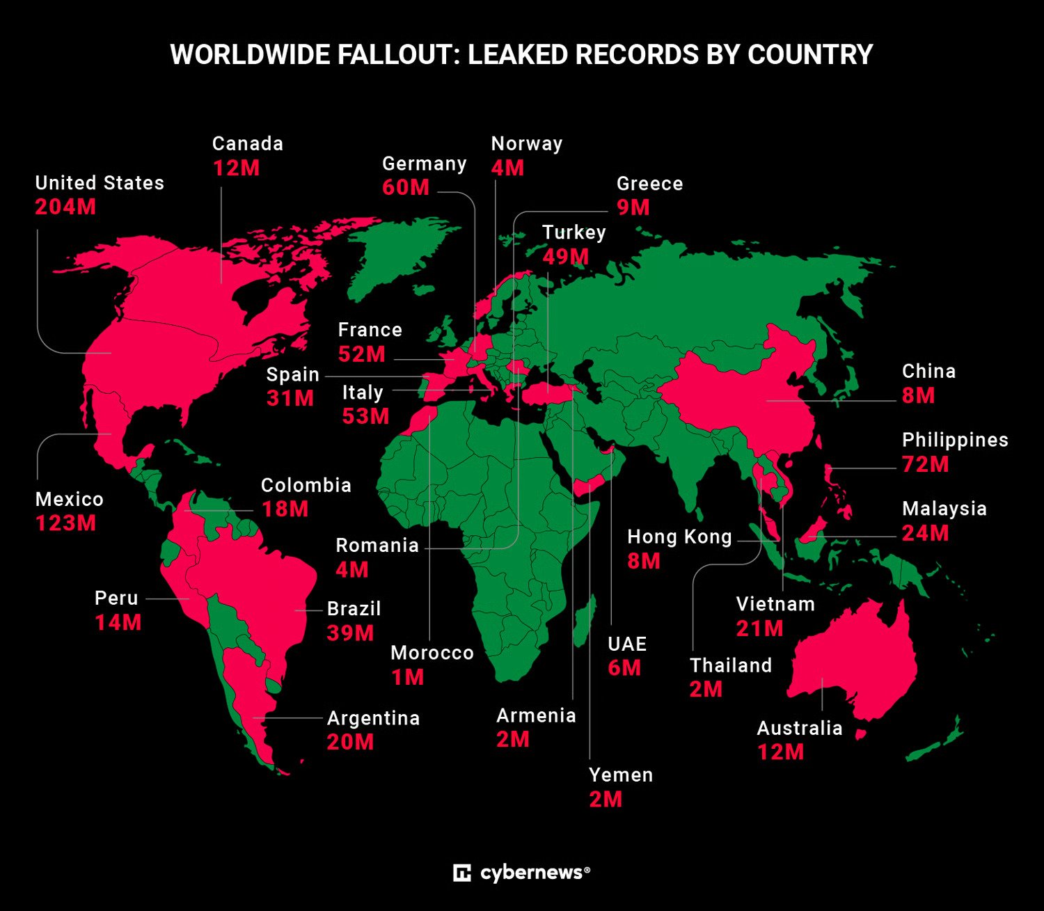 Répartition géographiques des enregistrements de données exposées par la base MongoDB d'IDMerit. © Cybernews
