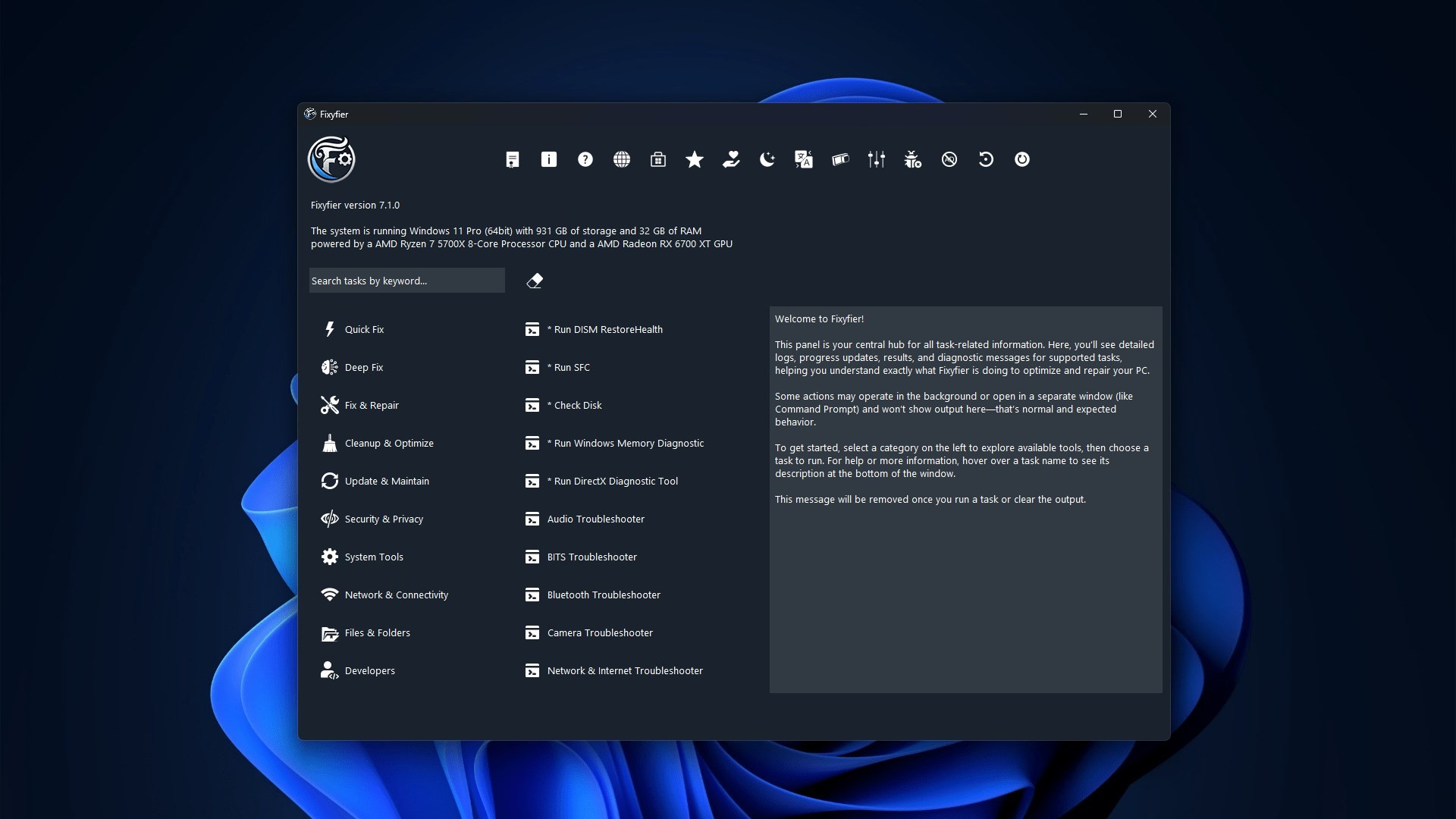 Interface sombre organisée autour d’un menu latéral, avec plusieurs outils accessibles rapidement pour lancer des analyses et gérer différents aspects du PC. © Fixyfier