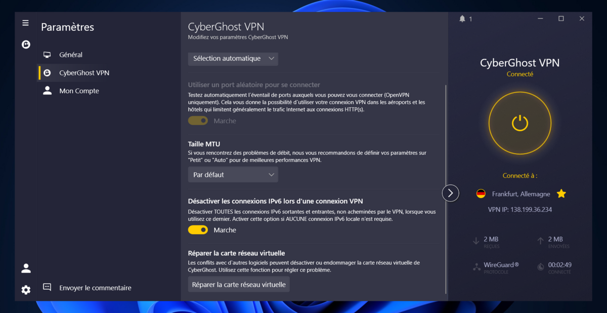 CyberGhost - Les options de sécurité renforcée. © Clubic