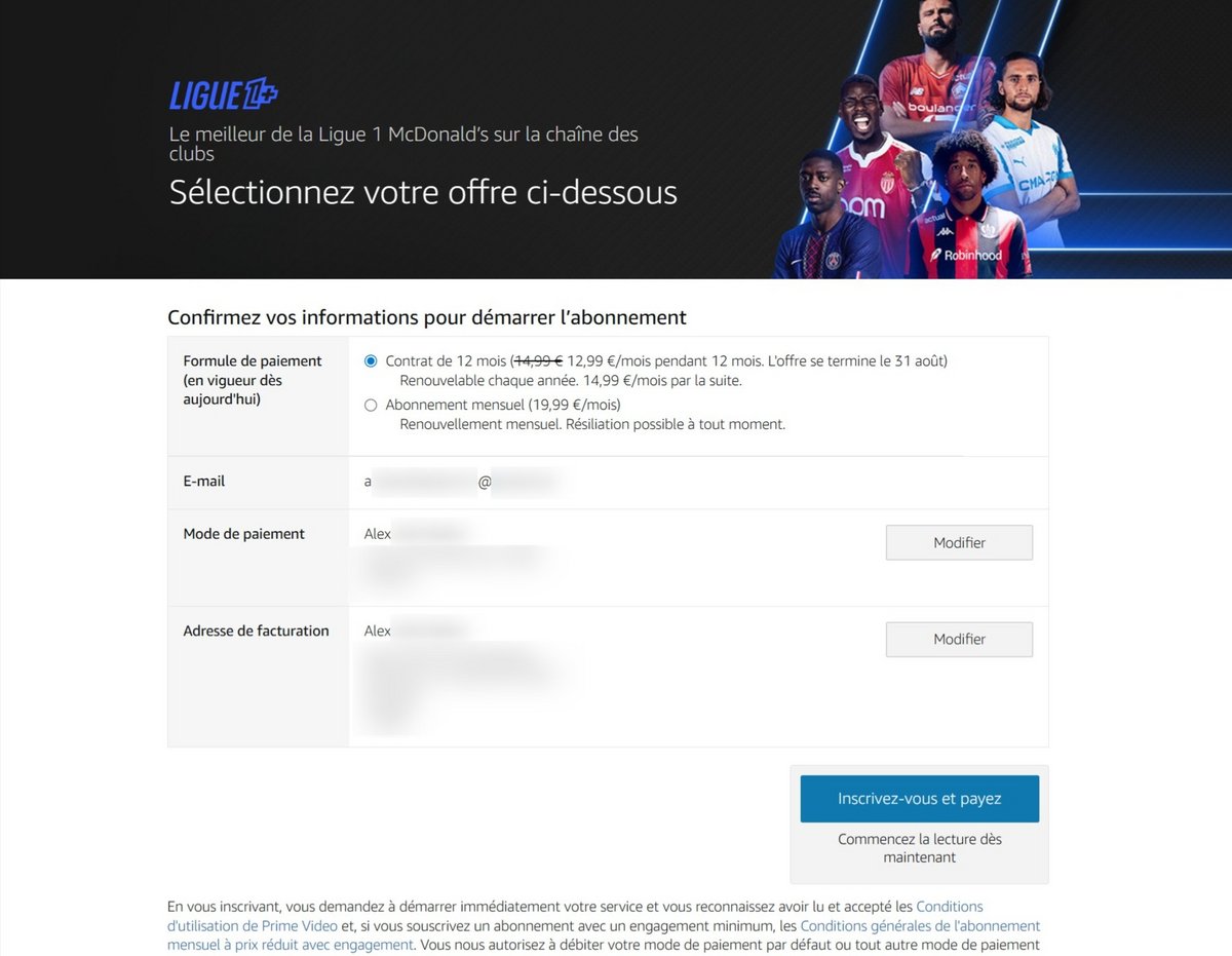 Processus d'abonnement à Ligue1+ depuis Amazon Prime Video © Alexandre Boero / Clubic