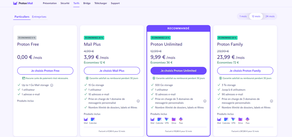 Une étape obligée : comparer l'offre gratuite avec les forfaits payants © Proton