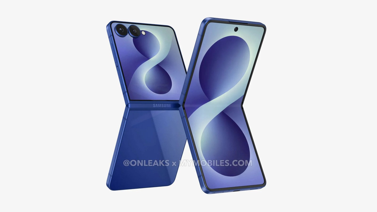 Le Galaxy Z Flip 8 en position ouverte, de face et de dos. © OnLeaks / My Mobiles