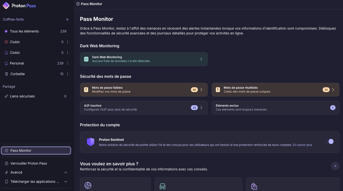 Proton Pass - L'option de surveillance sur le Dark Web, Pass Monitor © Clubic