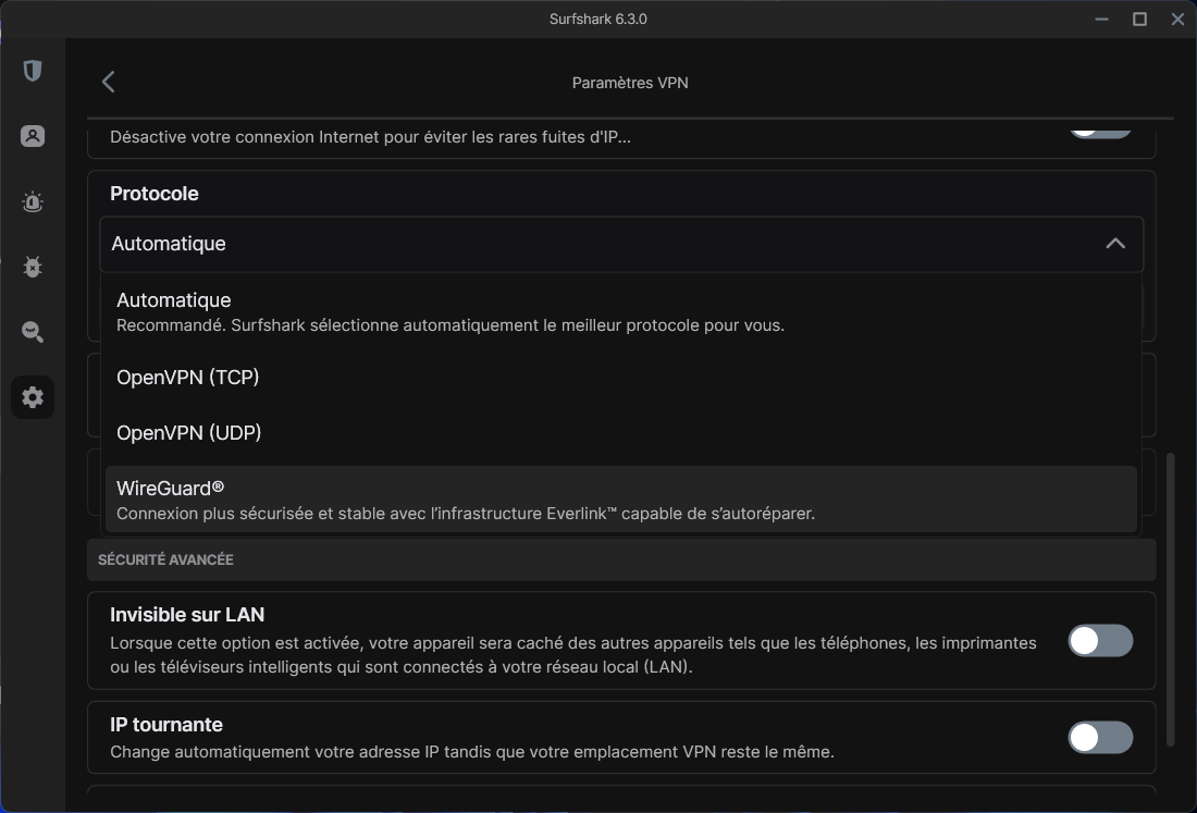 Surfshark VPN - Les protocoles de connexion. © Clubic