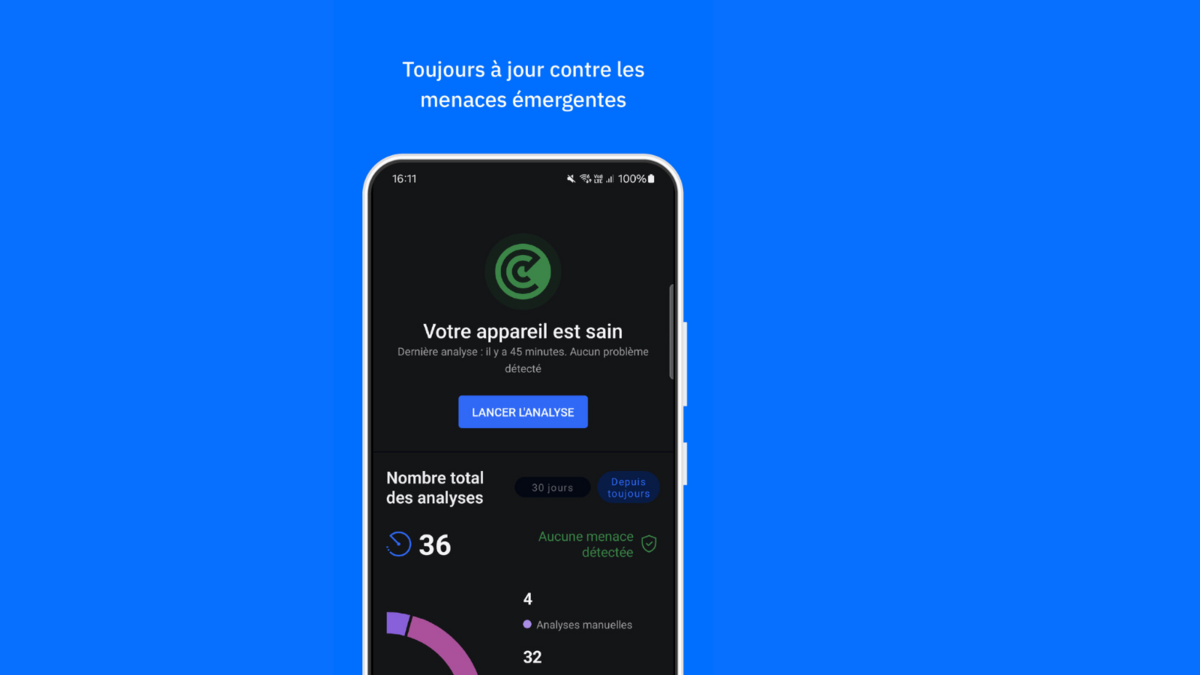 Interface épurée de Bitdefender Mobile Security sur smartphone Android, affichant le statut de protection en temps réel et les options de scan simplifiées - © Bitdefender