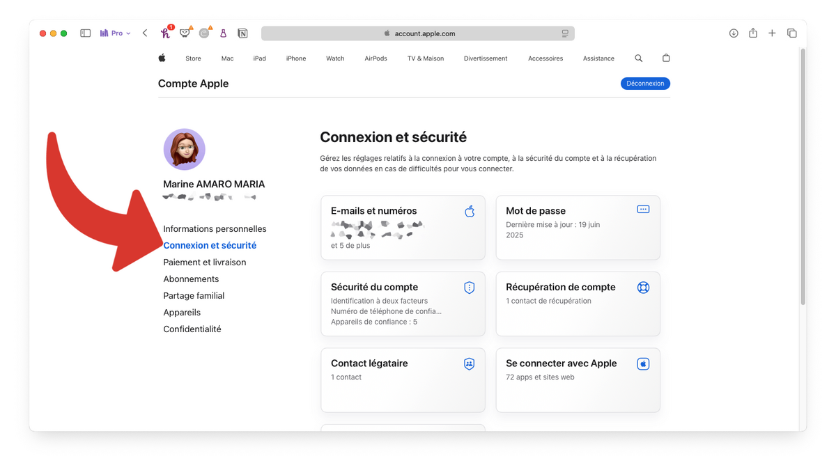 Vérifier d'être dans le menu Connexion et sécurité © Clubic