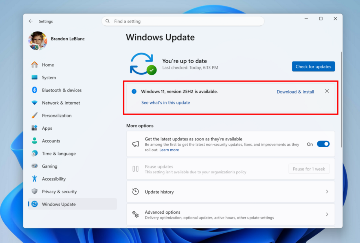 Windows 11 25H2 est disponible sur le canal Release Preview. © Microsoft