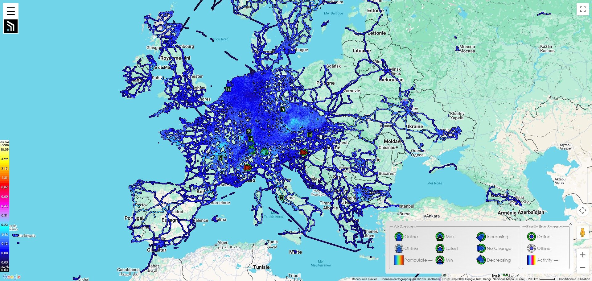 La surveillance est visible depuis la carte Safecast. © Capture d'écran Alexandre Boero / Clubic