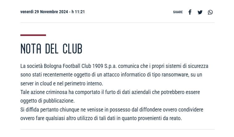 Sur son site web, le FC Bologne confirme la cyberattaque © FC Bologna