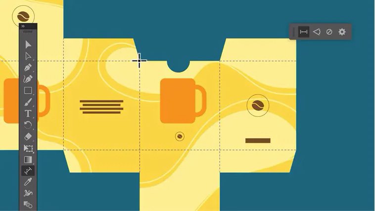 Illustration d’un packaging vectoriel dans Adobe Illustrator, avec outils de tracé et repères activés pour un alignement précis. - © Adobe Illustrator