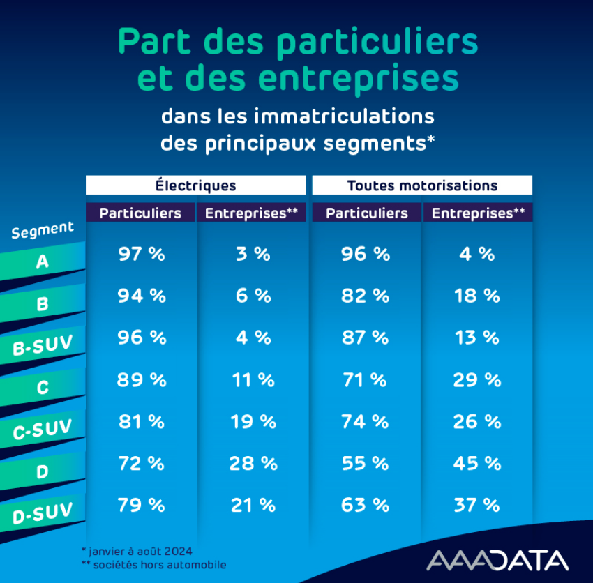 La répartition des immatriculations entre particuliers et entreprises est inégale selon les segments de véhicules. © Capture d'écran / AAADATA