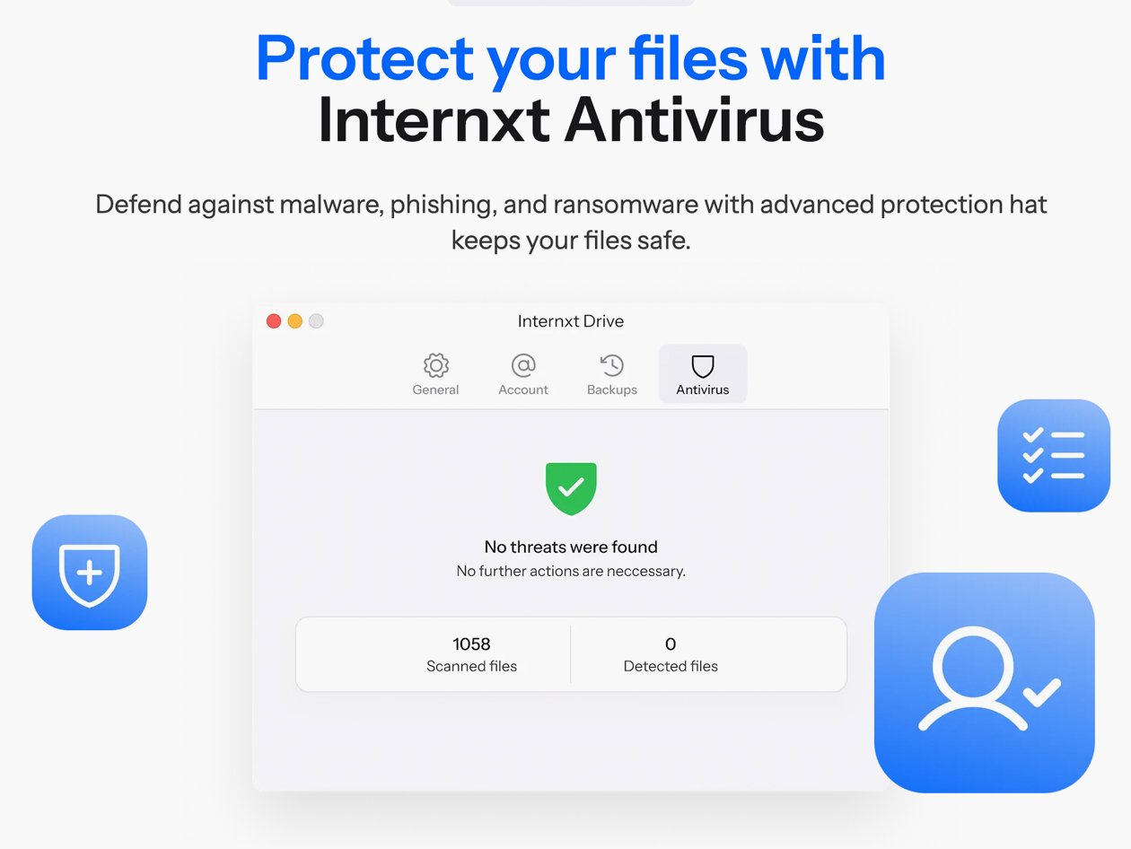 Internxt Antivirus analyse localement l’ordinateur et affiche ensuite le nombre de fichiers examinés ou détectés. L’utilisateur lance chaque vérification manuellement depuis Internxt Drive, puis peut supprimer les éléments signalés comme malveillants. © Internxt Universal Technologies SL