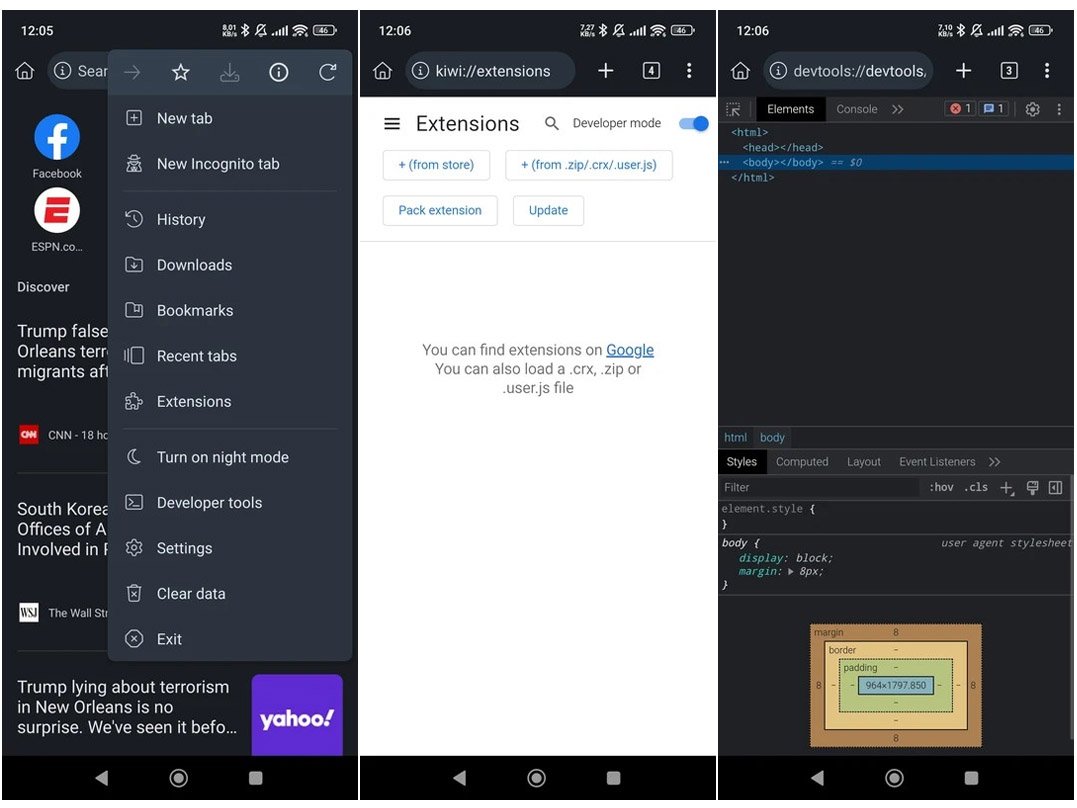 Kiwi Browser permet l’installation et la gestion d’extensions, ainsi que l’accès à des outils de développement avancés directement sur mobile - © Kiwi Browser