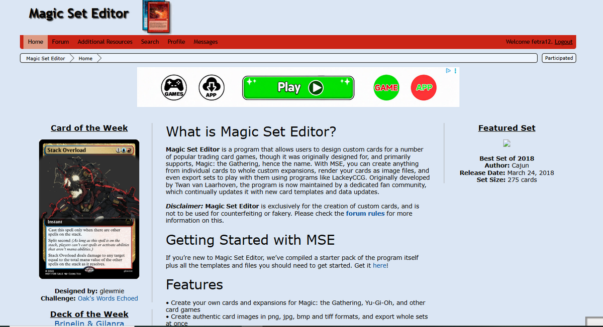 a page d’accueil de Magic Set Editor présente le programme, ses fonctionnalités de création de cartes personnalisées et les ressources pour bien débuter avec l’outil.