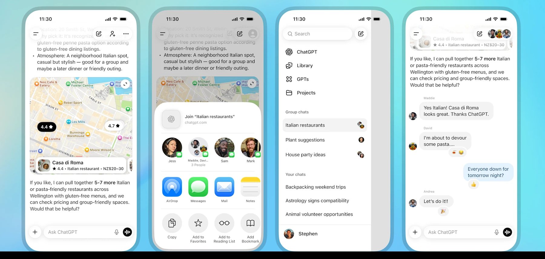 Voici quelques-unes des options associées aux discussions de groupe, comme l'invitation d'autres personnes, la recherche des groupes sur la barre latérale ou encore le lancement d'une nouvelle conversation groupée. © OpenAI
