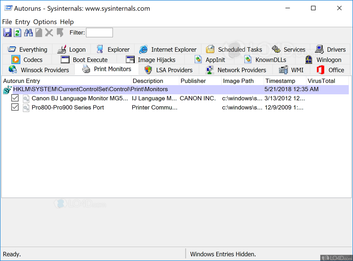 Interface détaillant les entrées liées à des pilotes ou services (par exemple, imprimantes), avec informations de panneau de configuration et statut. - © Autoruns