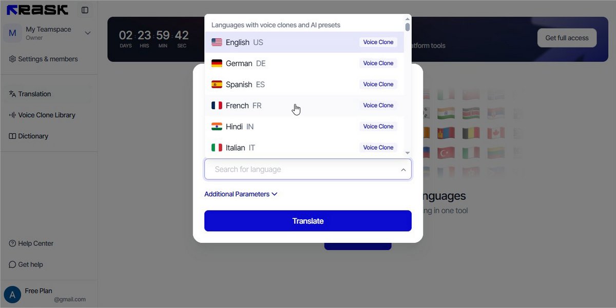 Sélection des langues disponibles avec clonage de voix dans Rask AI avant de lancer la traduction. - © Rask AI