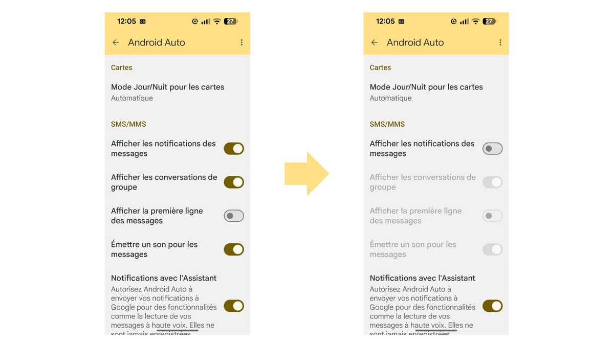 Désactivez les notifications de messages dans Android Auto. ©Google