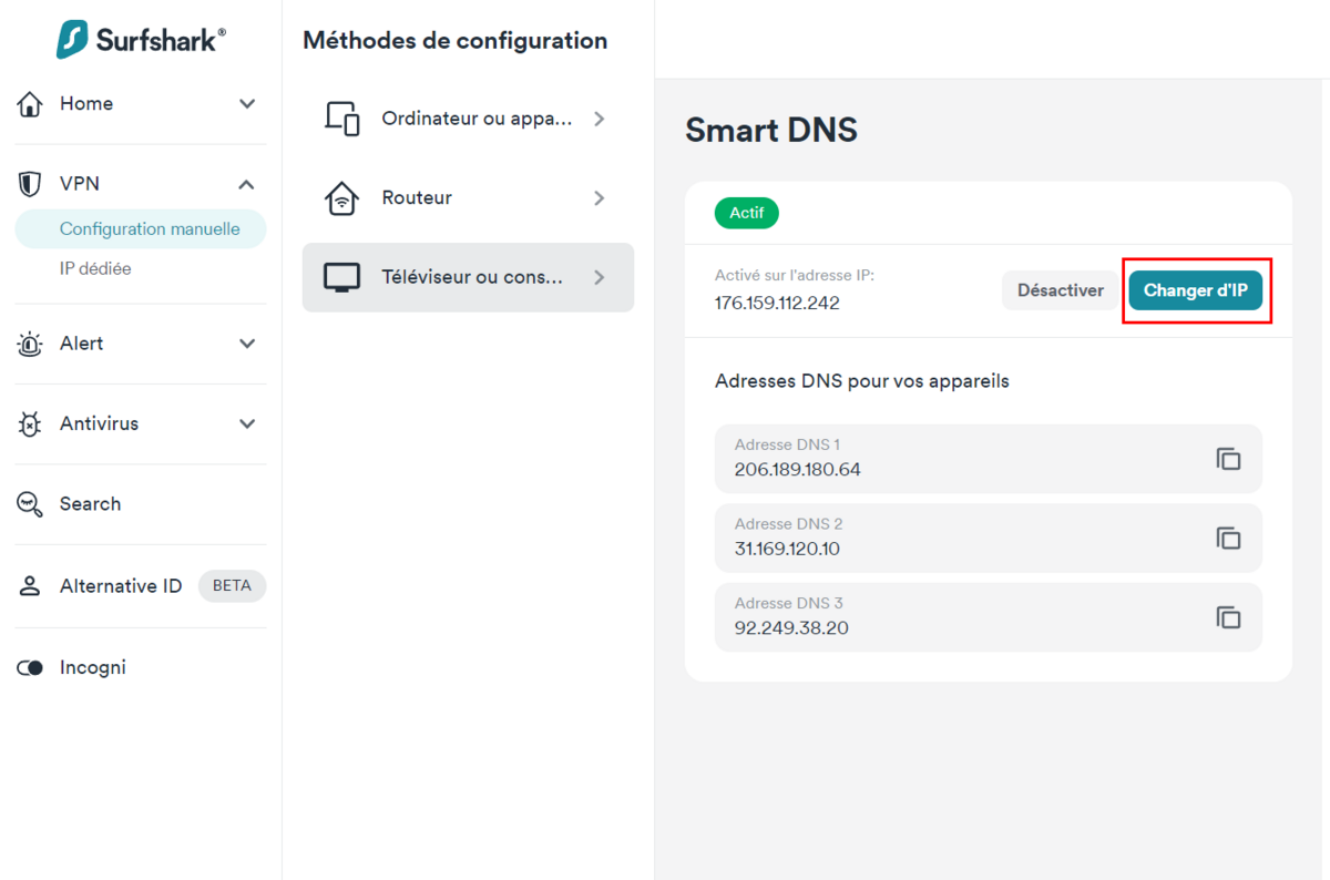 Surfshark - Changer l'IP Smart DNS