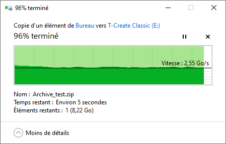 Débits observés en écriture sur une copie « simple » via Windows 10